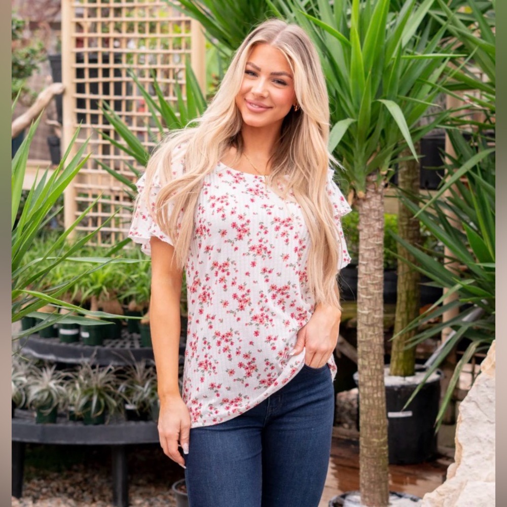 BiBi White Floral Patterned Top with flowy sleeves
